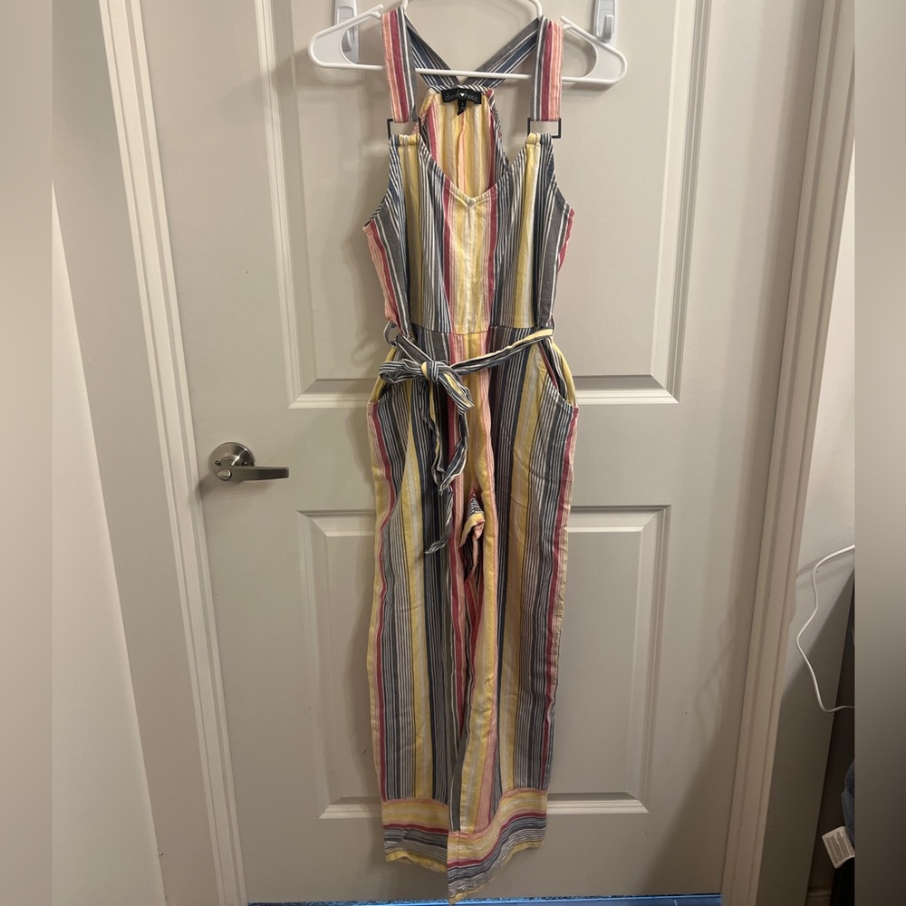 Derek Heart Striped Jumpsuit - Blue, Yellow, Pink